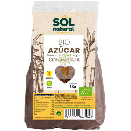AZÚCAR MORENO DE CAÑA INTEGRAL CON MELAZA BIO 1KG SOL NATURAL
