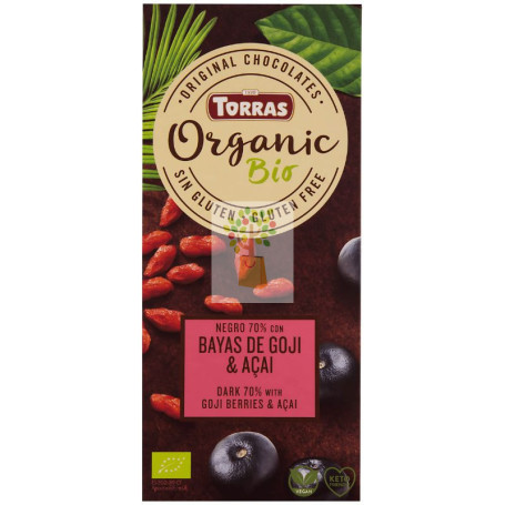 CHOCOLATE NEGRO 70% CACAO, BAYAS DE GOJI & AÇAI 100G TORRAS