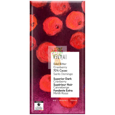 CHOCOLATE NEGRO SUPERIOR 70% CON ARÁNDANOS BIO 80G VIVANI