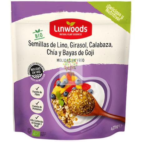 SEMILLAS DE LINO MOLIDAS CON 4 SEMILLAS BIO 425G LINWOODS